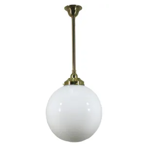 Opal Glass Sphere 10&quot; Shade w 3/4&quot; x 1/2m Brass Rod Pendant by null, a Chandeliers for sale on Style Sourcebook