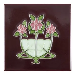 Floral 15.2 x 15.2cm Tile, Glazed Pink &amp; Burgundy by null, a Encaustic Tiles for sale on Style Sourcebook