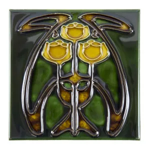 Floral 15.2 x 15.2cm Tile, Yellow &amp; Green by null, a Encaustic Tiles for sale on Style Sourcebook
