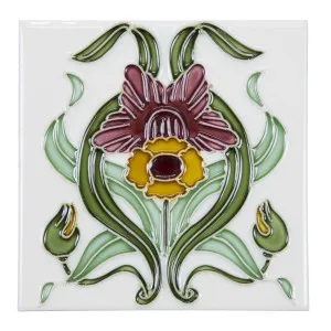 Floral 15.2 x 15.2cm Tile, Yellow Burgundy on White by null, a Encaustic Tiles for sale on Style Sourcebook