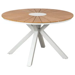 Corinda 120cm Teak Top &amp; Aluminium Round Dining Table, White by null, a Bar Stools for sale on Style Sourcebook