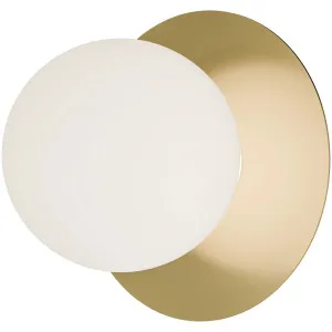 Calibo Crest Opal Glass 140mm Orb Wall Light Round Plate 200mm Brass by Calibo, a Outdoor Lighting for sale on Style Sourcebook