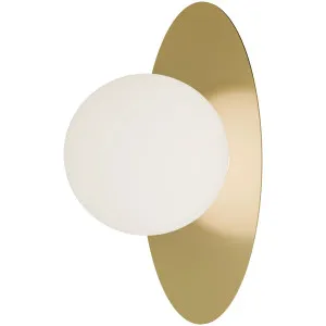 Calibo Crest Opal Glass 140mm Orb Wall Light Oval Plate 300mm Brass by Calibo, a Outdoor Lighting for sale on Style Sourcebook