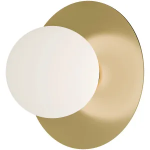 Calibo Crest Opal Glass 120mm Orb Wall Light Round Plate 200mm Brass by Calibo, a Outdoor Lighting for sale on Style Sourcebook