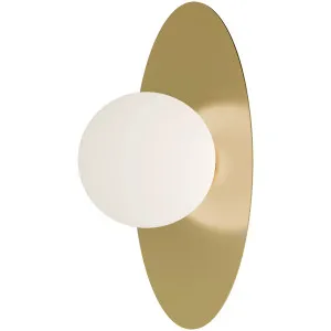 Calibo Crest Opal Glass 120mm Orb Wall Light Oval Plate 300mm Brass by Calibo, a Outdoor Lighting for sale on Style Sourcebook