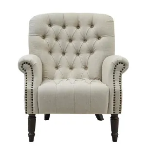 Maurice Natural Linen Blend Hamptons Buttoned Armchair W/Studs Dark Legs by Florabelle Living, a Chairs for sale on Style Sourcebook