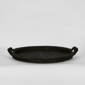 Paume Rattan Round Serving Tray with Handles Black by Florabelle Living, a Trays for sale on Style Sourcebook