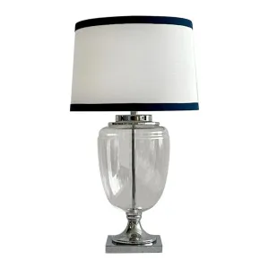 Charlotte Glass and Nickel Lamp with White Linen Shade (Navy Trim) by Florabelle Living, a Table & Bedside Lamps for sale on Style Sourcebook