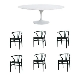 Aurora 7 Piece Dining Package - Oval Dining Table Marble White 200cm and 6 x Atlas Black Dining Chairs by OneWorld Collection, a Dining Tables for sale on Style Sourcebook