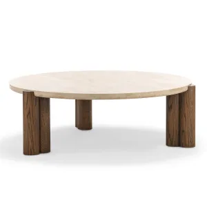 Amaya 110cm Round Travertine Coffee Table, Cream & Brown Oak  by L3 Home, a Coffee Table for sale on Style Sourcebook