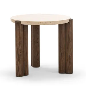 Amaya 55cm Round Travertine Side Table, Cream & Brown Oak  by L3 Home, a Side Table for sale on Style Sourcebook