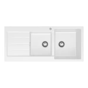 Kuro Granite 32L/22L Double Kitchen Sink with Drainer, Right Bowl, 1 Tap Hole, Matte White by Fienza, a Kitchen Sinks for sale on Style Sourcebook