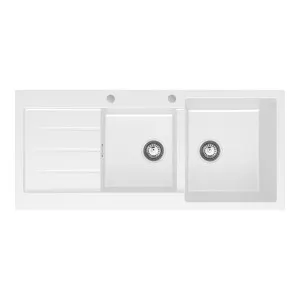 Kuro Granite 32L/22L Double Kitchen Sink with Drainer, Right Bowl, 2 Tap Holes, Matte White by Fienza, a Kitchen Sinks for sale on Style Sourcebook