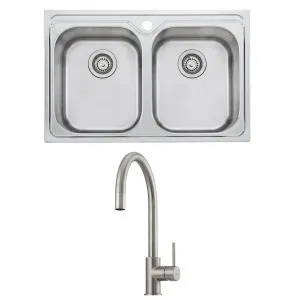 Oliveri Diaz Double Bowl Sink and Venice Brushed Nickel Pull Out Tap Pack VE520FBN-PDZ23TU by Oliveri, a Kitchen Sinks for sale on Style Sourcebook