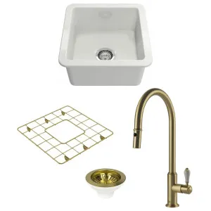 Turner Hastings Cuisine 46 Sink Pack with Brushed Brass Ludlow Pull Out Mixer Tap and Accessories PKG043 by Turner Hastings, a Kitchen Sinks for sale on Style Sourcebook