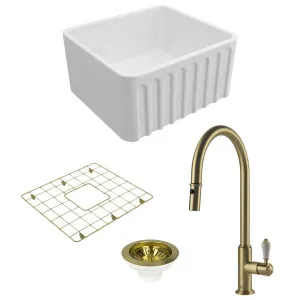 Turner Hastings Novi 50 Butler Sink Pack with Brushed Brass Ludlow Pull Out Mixer Tap and Accessories PKG031 by Turner Hastings, a Kitchen Sinks for sale on Style Sourcebook