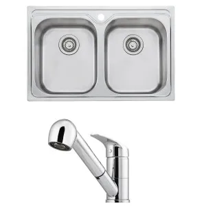 Oliveri Diaz Double Bowl Sink and London Chrome Pull Out Tap Pack LON580FCR-PDZ23TU by Oliveri, a Kitchen Sinks for sale on Style Sourcebook