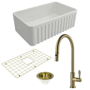 Turner Hastings Novi 75 Butler Sink Pack with Brushed Brass Ludlow Pull Out Mixer Tap and Accessories PKG019 by Turner Hastings, a Kitchen Sinks for sale on Style Sourcebook