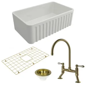 Turner Hastings Novi 75 Butler Sink Pack with Brushed Brass Ludlow Bridge Mixer Tap and Accessories PKG020 by Turner Hastings, a Kitchen Sinks for sale on Style Sourcebook