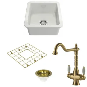 Turner Hastings Cuisine 46 Sink Pack with Brushed Brass Providence Double Mixer Tap and Accessories PKG046 by Turner Hastings, a Kitchen Sinks for sale on Style Sourcebook
