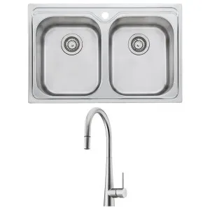 Oliveri Diaz Double Bowl Sink and Essente Pull Out Tap Pack SS31625DZ23TU by Oliveri, a Kitchen Sinks for sale on Style Sourcebook