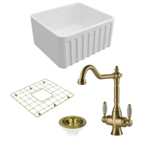 Turner Hastings Novi 50 Butler Sink Pack with Brushed Brass Providence Double Mixer Tap and Accessories PKG034 by Turner Hastings, a Kitchen Sinks for sale on Style Sourcebook
