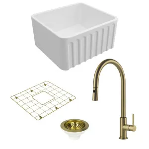 Turner Hastings Novi 50 Butler Sink Pack with Brushed Brass Naples Pull Out Mixer Tap and Accessories PKG033 by Turner Hastings, a Kitchen Sinks for sale on Style Sourcebook