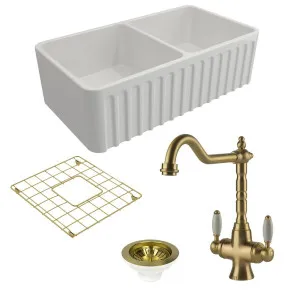 Turner Hastings Novi 85 Double Bowl Butler Sink Pack with Brushed Brass Providence Double Mixer Tap and Accessories PKG016 by Turner Hastings, a Kitchen Sinks for sale on Style Sourcebook