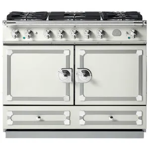 La Cornue Cornufe 110cm Dual Fuel Freestanding Oven Pure White with Polished Chrome CFE110DFWH-C by La Cornue, a Cooktops for sale on Style Sourcebook