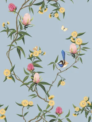 Songbird Blossoms Pea Blue Wallpaper by Urban Road, a Wallpaper for sale on Style Sourcebook