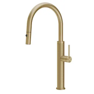 Gessi 316 Meccanica Gooseneck Pull Out Spray Mixer Tap Brushed Brass 60024-727 by Gessi, a Kitchen Taps & Mixers for sale on Style Sourcebook