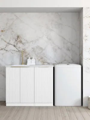 Bondi White Base Laundry Cabinet with 1300mm Cloudy Carrara Top by Otti Australia, a Cabinetry for sale on Style Sourcebook