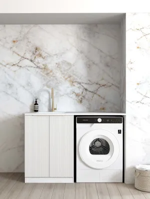 Bondi White Base Laundry Cabinet with 1300mm Natural Carrara Marble Top by Otti Australia, a Cabinetry for sale on Style Sourcebook