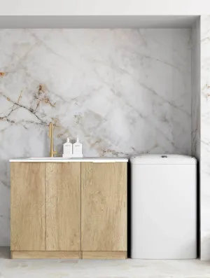Byron/Bondi Natural Oak Base Laundry Cabinet with 1300mm Matte White Top by Otti Australia, a Cabinetry for sale on Style Sourcebook
