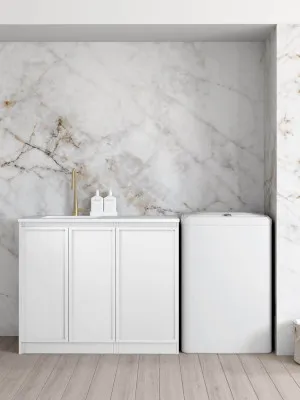Hampshire White Base Laundry Cabinet with 1300mm Natural Carrara Marble Top by Otti Australia, a Cabinetry for sale on Style Sourcebook