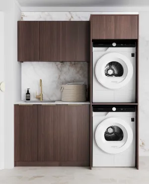 Laundry Kit 1715C Havana Sable Walnut Fluted with Natural Carrara Marble Top by Otti Australia, a Cabinetry for sale on Style Sourcebook