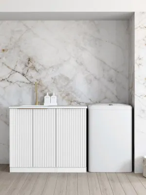 Noosa Fluted White Base Laundry Cabinet with 1300mm Cloudy Carrara Top by Otti Australia, a Cabinetry for sale on Style Sourcebook