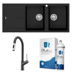Oliveri Santorini 1 and 3/4 Right Hand Bowl with Drainer and Vilo Pull Out Black Tap Pack with Filter Kit 0426BSTBLBL1512OF by Oliveri, a Kitchen Sinks for sale on Style Sourcebook
