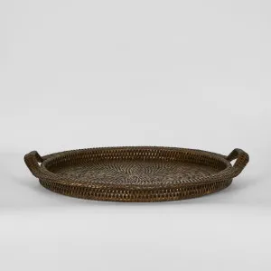 Paume Rattan Round Serving Tray with Handles Antique Brown by Florabelle Living, a Trays for sale on Style Sourcebook