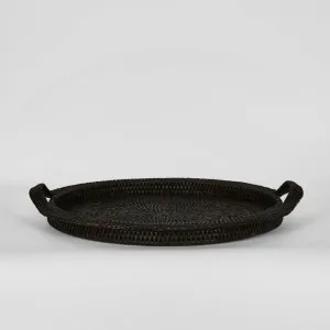 Paume Rattan Round Serving Tray with Handles Black by Florabelle Living, a Trays for sale on Style Sourcebook