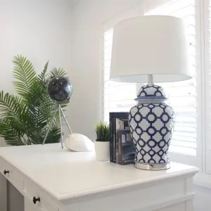 Lucca Blue & White Jar Shaped Lamp & Shade ETA 05/11/2025 by Florabelle Living, a Lamps for sale on Style Sourcebook
