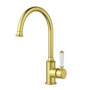Ikon Clasico Gooseneck Sink Mixer Brushed Gold - Ceramic Handle by Ikon, a Kitchen Taps & Mixers for sale on Style Sourcebook