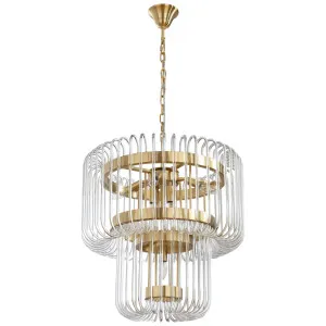 Collette 2 Tier Luxe Pendant with Clear Glass Rod Drum and Satin Brass Finish Medium by Lighting Inspirations, a Chandeliers for sale on Style Sourcebook