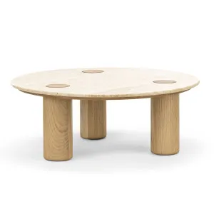 Ayra 100cm Round Travertine Coffee Table, Cream & Natural Oak by L3 Home, a Coffee Table for sale on Style Sourcebook