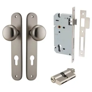 Cambridge Knob Oval Backplate Entrance Kit w High Security Lock Satin Nickel by Iver, a Door Hardware for sale on Style Sourcebook