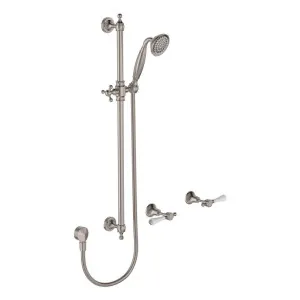 Lillian Lever Rail Shower Set, Brushed Nickel with Ceramic White Handle by Fienza, a Shower Heads & Mixers for sale on Style Sourcebook