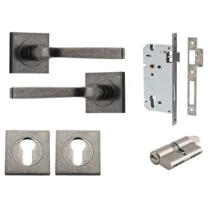 Annecy Lever Square Rose Entrance Kit w Separate High Security Lock Distressed Nickel by Iver, a Door Hardware for sale on Style Sourcebook