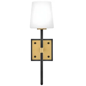 Hinkley Saunders Mid-Century Modern Wall Light with Opal Glass Shade Black with Lacquered Brass by Hinkley, a Wall Lighting for sale on Style Sourcebook