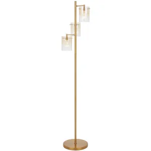 Telbix Crevil Statement LED Floor Lamp with Triple Glass Cylinder Shades Antique Gold with Amber Glass by Telbix, a Lamps for sale on Style Sourcebook