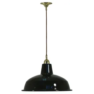 Warehouse 300mm Black Metal Shade on Cloth Cord Suspension, Polished Brass by Lighting Inspirations, a Fixed Lights for sale on Style Sourcebook